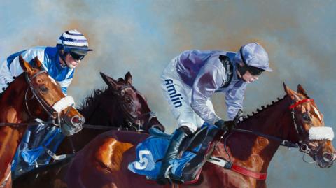 A painting of jockeys racing horses. Two jockeys are raised in their saddles, wear blue hats and blue jerseys. Three horses have been painted, two in a chestnut colour and another in a dark bay colour. 