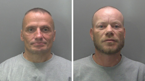 Composite images show the custody photos of Cojocario and Costache. Both men are wearing grey jumpers and are against plain grey backgrounds. They both have very short hair and Costache has a beard.