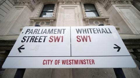 A road sign that points to Parliament Street SW1 to the left and Whitehall SW1 in the City of Westminster