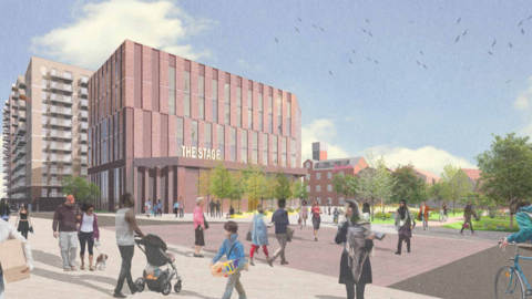 An artist's sketch of the proposed new buildings including flats and The Stage, a large red brick building. The view is of the site from the train station, Youthscape can be seen in the background.