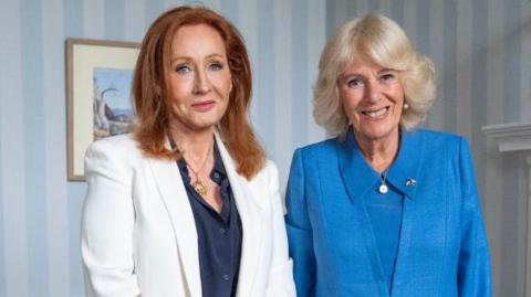JK Rowling and Queen Camilla meeting at the Palace of Holyroodhouse