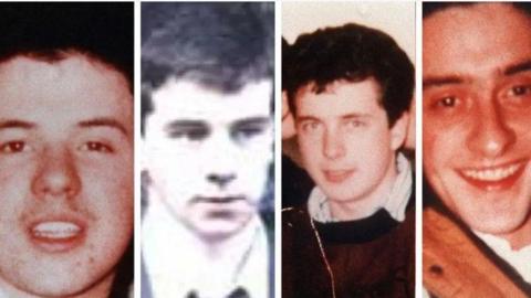 Peter Clancy with brown hair and a white shirt, Patrick Vincent with fair hair and wearing a shirt and tie with an open collar, Kevin Barry O'Donnell with brown hair and a brown jumper and Sean O'Farrell smiles into the camera wearing a white shirt with a bag strap across his shoulder.