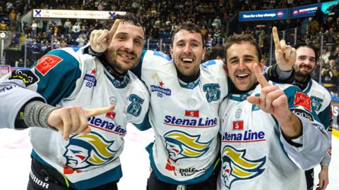 The Belfast Giants celebrate winning the title