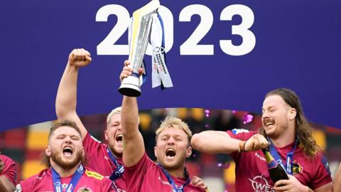 Exeter celebrate winning the Premiership Rugby Cup