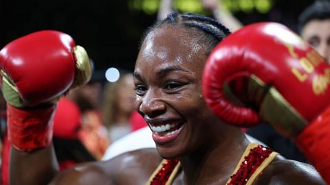Claressa Shields reacts after defeating Kaye Scott