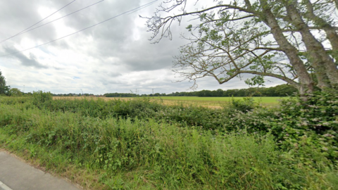 The location of the proposed building of 400 homes in a rural area of Surrey. A field is visible and a tree next to a road.