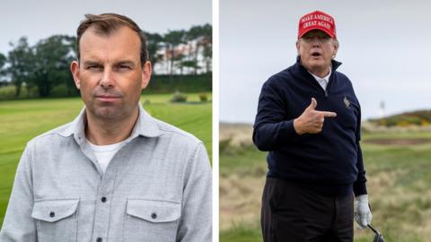 A composite image with BBC journalist James Cook outside a large hotel wearing a grey shirt, and President Donald Trump on the right playing golf, wearing a navy jumper and his signature red 'Make America Great Again' cap..