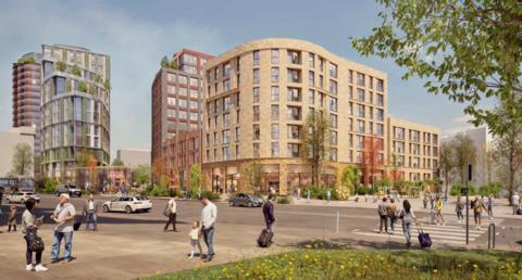 An artist's impression on how the development could look in the future with people and new flats.
