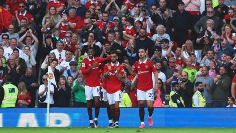 Manchester United celebrating during final Premier League match of the season against Fulham on Sunday