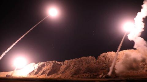 Handout provided by Iran's Revolutionary Guards shows missiles being launched from an undisclosed location targeting Islamic State militants in eastern Syria (1 October 2018)