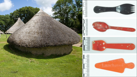 Roundhouse at Castell Henllys and plastic spoons and forks found at the site