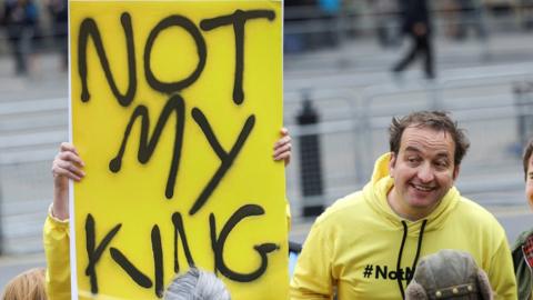 Graham Smith, a member of a Republic, at a anti-monarchy protest prior to the Commonwealth Service, outside Westminster Abbey in London, Britain.