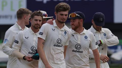 Middlesex leave the field at Grace Road after beating Leicestershire