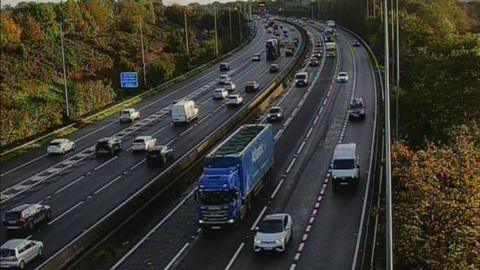 Two lanes of the M5 motorway with traffic