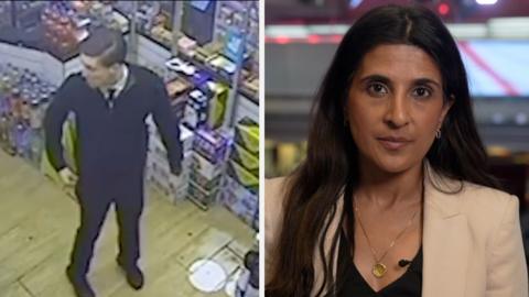 On the left, a CCTV still image of Henry Nowak. On the right, Nomia Iqbal looking into the camera.