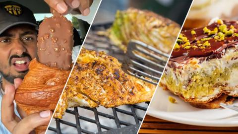 Split image of Magnum croissant, BBQ cabbage and pistachio slice