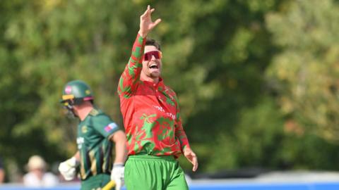 Liam Trevaskis appealing for a wicket while playing for Leicestershire.