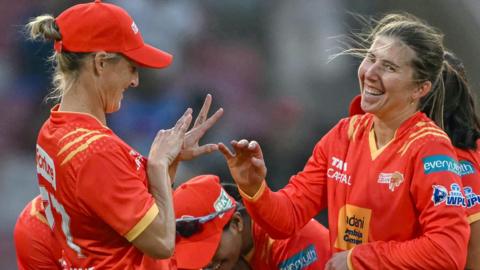 Georgia Wareham and Sophie Devine of Gujarat Giants celebrate a wicket 