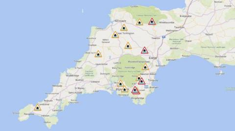 A map from the Environment Agency showing several flood warnings and alerts which have been issued across Devon, Cornwall and Somerset.