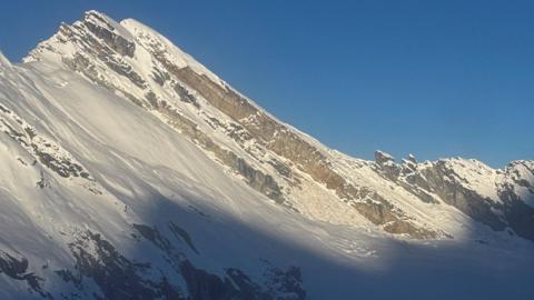 Yalung Ri Peak region, Dolakha District, Nepal, can be seen on a clear day with a bright blue sky.