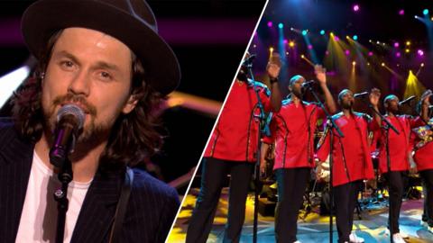 Split image of Paul Simon (left) and a group of singers in red shirts (right)