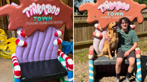 Composite image showing the throne before and after it was restored. Alfie Lugsden is seated on the throne in one image with a labrador. He has long dark wavy hair and is wearing glasses. The restored throne is brightly-painted and has the words: Tinkaboo Town painted on it.