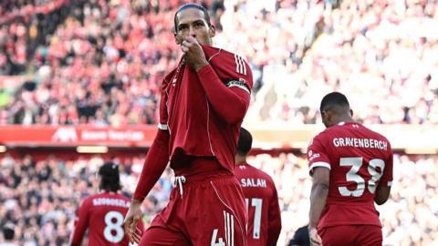 Virgil van Dijk celebrates scoring for Liverpool against West Ham