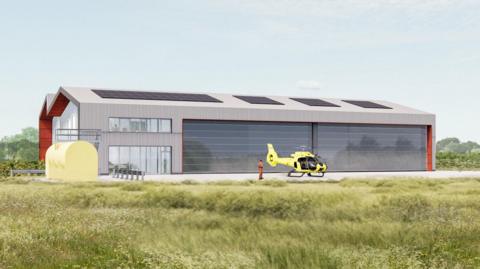 Artist's impression of the new Yorkshire Air Ambulance base - shows a grey hanger building with offices at one end and a bright yellow helicopter in front