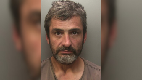 A man with greying hair and a beard in a police mug shot.