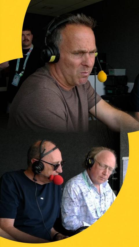 Michael Vaughan reacts to Ben Stokes' retirement announcement from inside comms booth at England v New Zealand