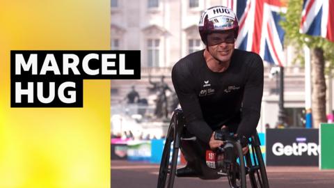 Marcel Hug wins men's wheelchair race 
