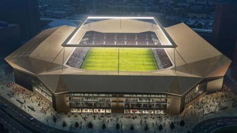 A CGI image of how the stadium could look from outside. The floodlights are on and the pitch can be seen. Fans are gathered outside.