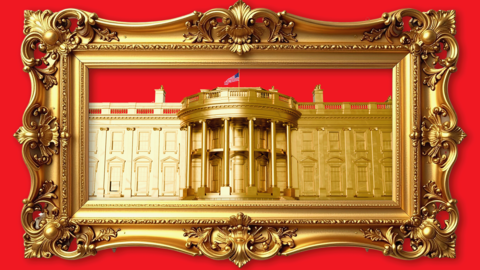 An illustration shows an all-gold White House bordered by a gold picture frame 