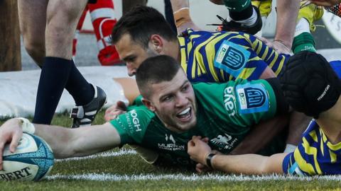 Diarmuid Kilgallen celebrates scoring a try