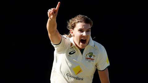 Australia's Annabel Sutherland celebrates taking a wicket