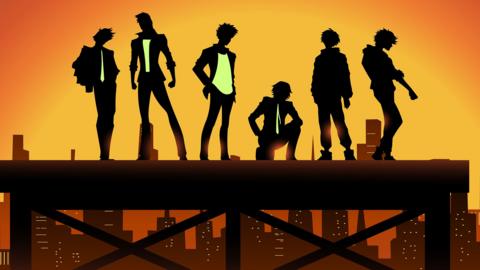 A silhouette style vector illustration of a group anime boys in different poses in a Cyberpunk city setting.