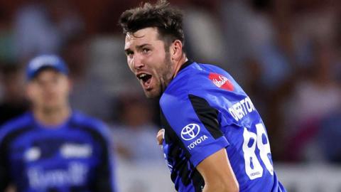London Spirit bowler Jamie Overton celebrates taking a wicket