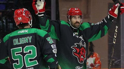 Kristoff Kontos celebrates after scoring for Cardiff Devils