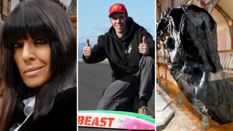 A composite of three images - left, a woman's face in front of a red-brick castle with small turrets. She has long, black hair past her shoulders and wears a black coat; middle - a man with a red baseball cap and a black hoodie, giving a double thumbs-up, kneeling behind a remote control car on a long stretch of road; right - A close-up shot of a replica dinosaur skeleton from the front, with its head near to the camera.