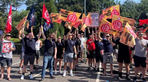 Protestors hold up flags and banners