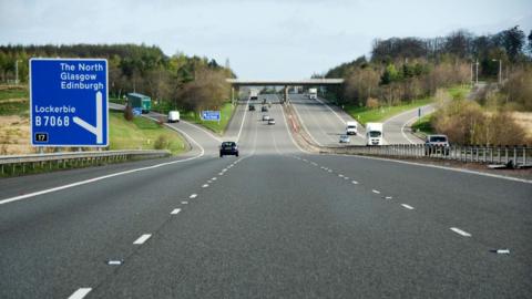 A view of the A74(M) motorway with junction 17 for Lockerbie on the left