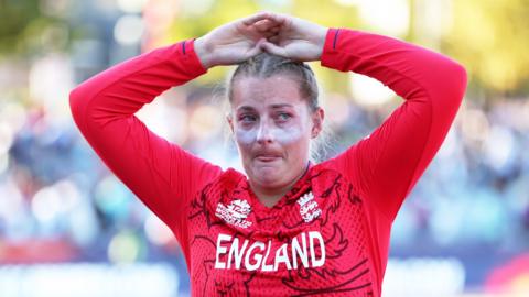 England bowler Sophie Ecclestone looks distraught after T20 World Cup semi-final defeat by South Africa