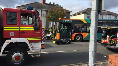 A Cardiff bus and a motorbike collided in the Birchgrove area of the Welsh capital