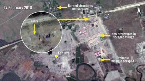 Satellite images released by Amnesty purporting to show demolition and development in Kan Kya, Rakhine, Myanmar