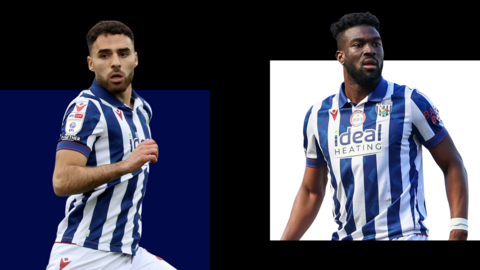Tammer Bany on the right hand side of the photo wears a navy and white striped West Bromwich Albion shirt in front of a navy backdrop. Daryl Dike wears a navy and white striped West Bromwich Albion shirt in front of a white backdrop.