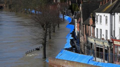 Flood defences are seen after being pushed back by high water levels, on the River Severn, Ironbridge