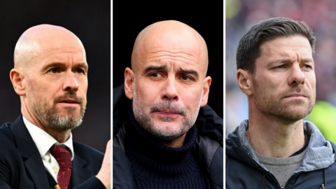 Manchester United manager Erik ten Hag, Manchester City manager Pep Guardiola and Bayer Leverkusen head coach Xabi Alonso