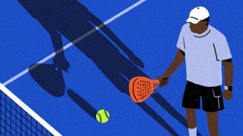 Illustration showing man in white cap, blue top and black shorts, holding a red racket 