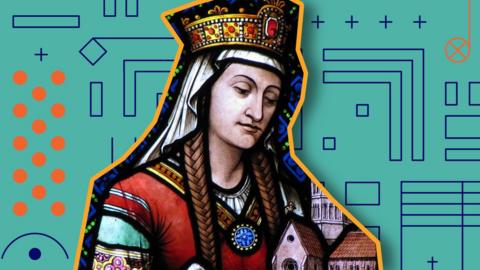 Hildegard of Bingen on colourful background