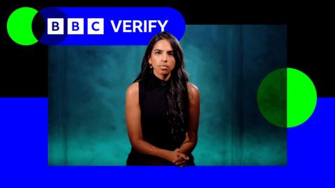A composite image which shows BBC Verify Correspondent, Merlyn Thomas, in a studio. The border around the image is a black and blue background and the BBC Verify logo is in the top left hand corner.